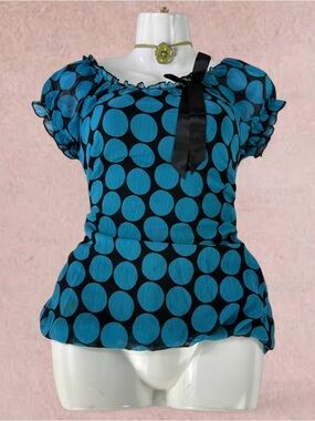 Y2K Retro Pinup Polka Dot Babydoll Bow Top Sz L Blue Black Rockabilly